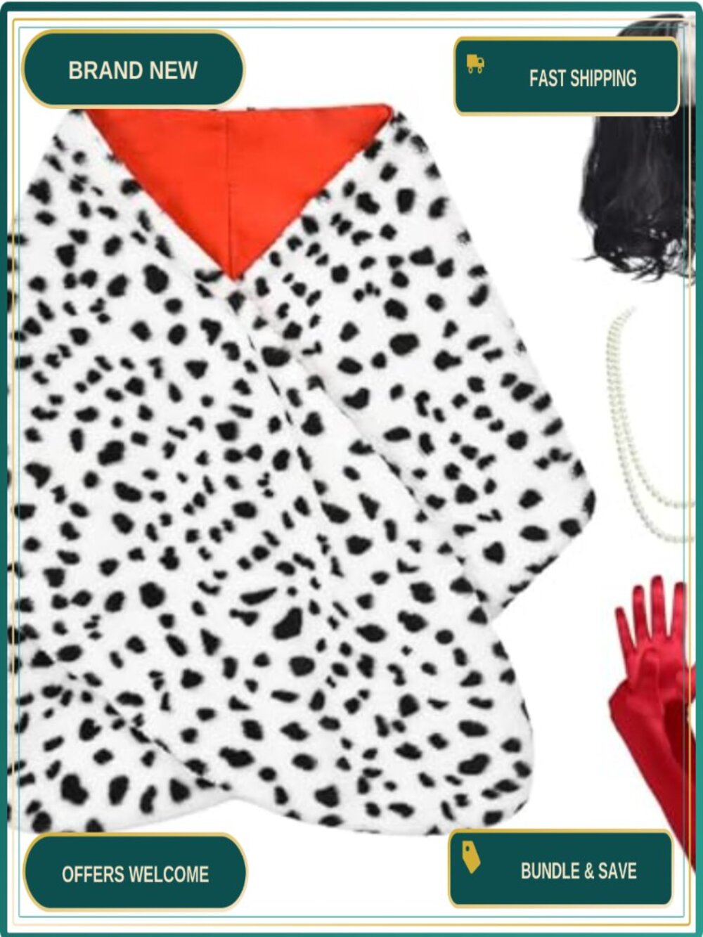Womens Dalmatian Costume Shawl Wig Accessories Set Halloween Outfit